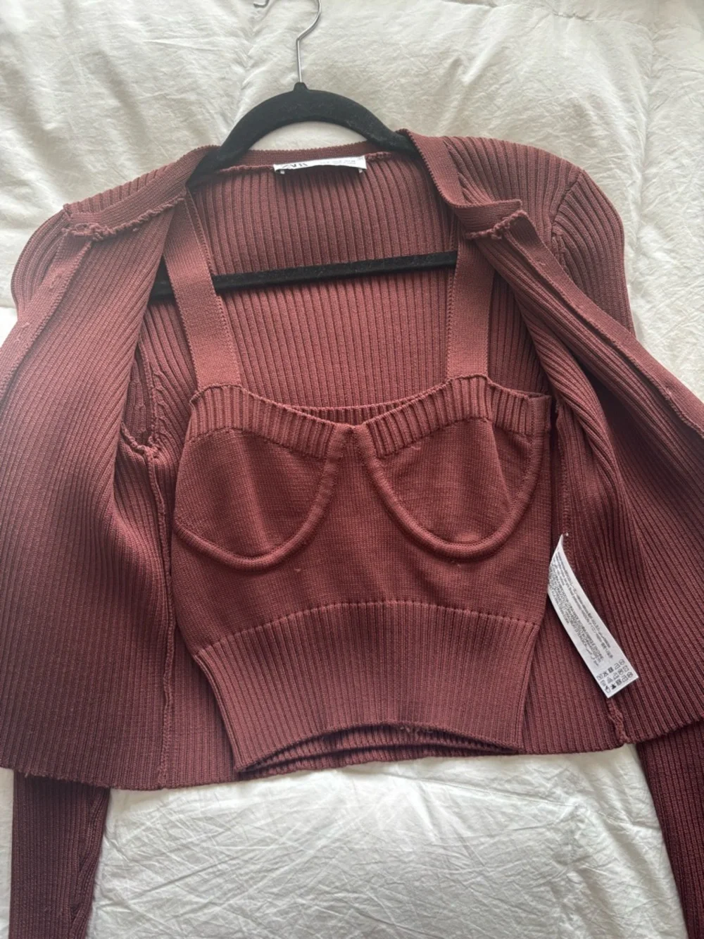 Zara Two-Piece Ribbed Cardigan and Tank - Brick Brown - Picture 2 of 2